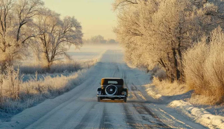 Vintage car driving in winter